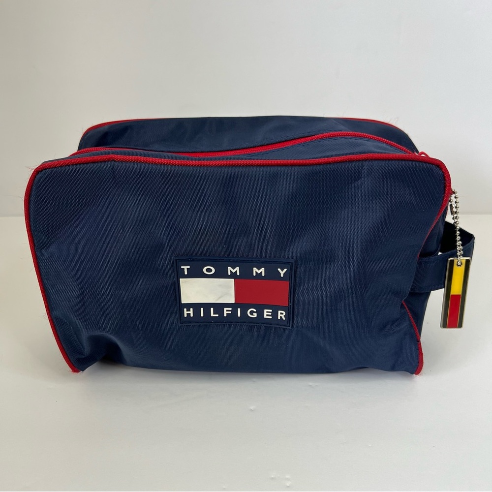 Vintage Tommy Hilfiger Toiletry Bag Flag Zipper Pull Keychain Cosmetic Navy Logo